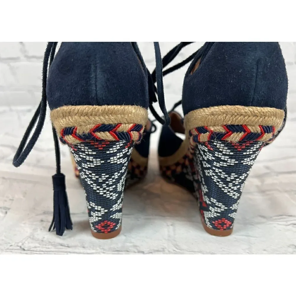 CABI boho navy blue Isla leather suede wedge espadrille tassels sandals size 9M